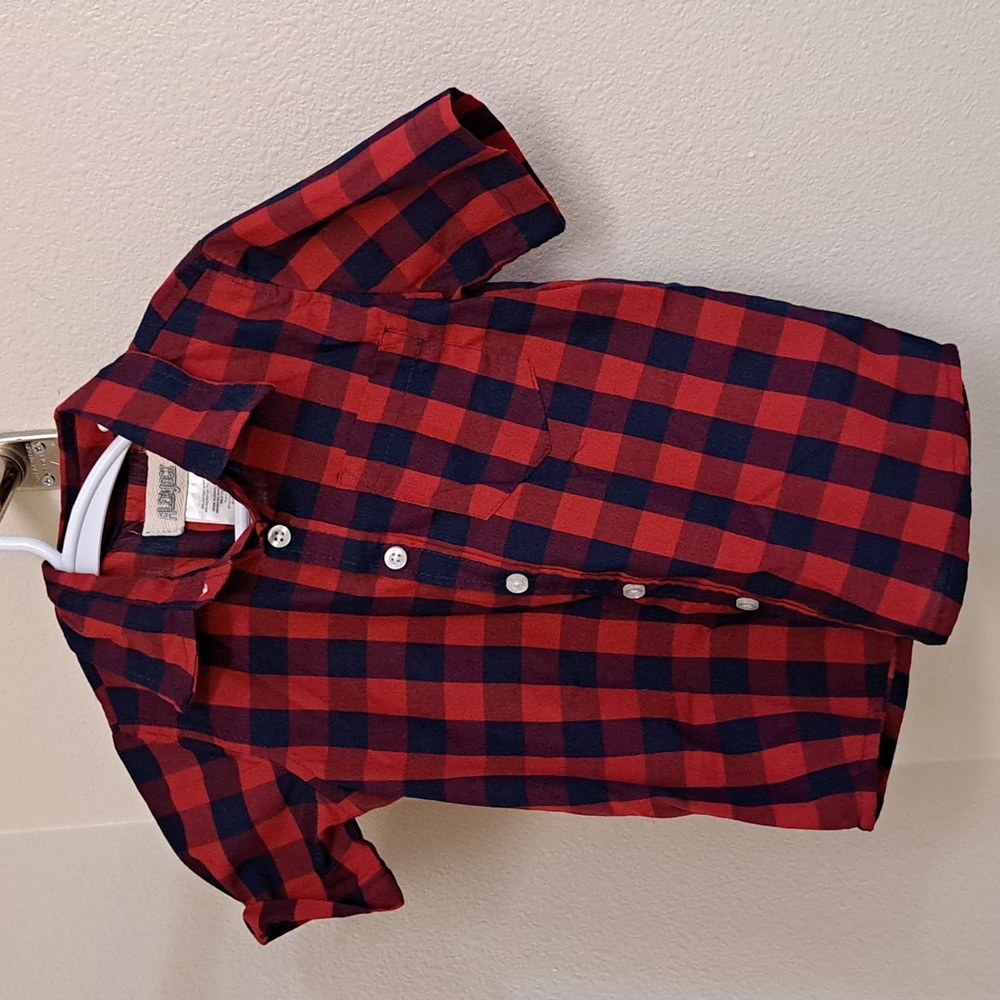 Boys Alex & Jack Button-Down Short Sleeve Shirt, sz 5, Red/Navy Blue